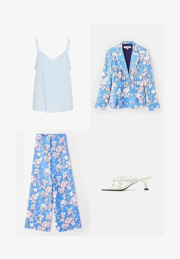 Blazer mit Blumenmuster in Blau, ausgestattet mit einem Gürtel in der Taille, Reverskragen, langen Ärmeln und einem gefütterten Innenfutter mit gepolsterter Textur.; Blau-weiß gestreiftes Waschshirt mit dünnen Schulterträgern, V-Ausschnitt und lockerem, fließendem Schnitt. Weiche Stoffstruktur.; Blaue Blumenhose mit einem pastellfarbenen Rosenmuster. Der Stoff ist glatt mit einer lockeren Passform, weiten Beinen und einem elastischen Bund.; Weiße Sandale mit Absatz, mit verknoteten, mehrfach dünnen Riemen und einem schlanken mittelhohen Absatz auf einem schlichten hellen Hintergrund.