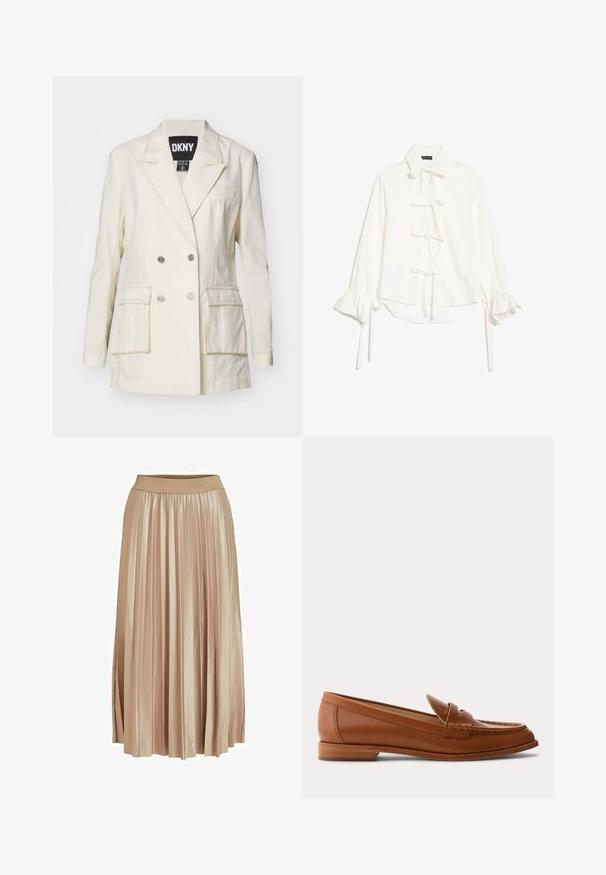 Blazer double boutonnage couleur crème avec deux poches avant, boutons argentés, revers crantés et détails de couture contrastés.; Blouse blanche avec manches longues à volants et cinq nœuds noués sur le devant, avec un col classique et un ourlet légèrement asymétrique.; Jupe midi plissée en satin beige clair. Dotée d'une large taille élastique et de plis verticaux élégants sur toute sa longueur.; Mocassin en cuir marron avec petit talon en bois, bride classique pour pièce et détails cousus le long de la pointe et des côtés.