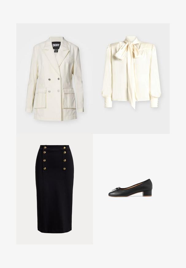 Crème kleurige dubbelbreasted blazer met twee voorzakken, zilveren knopen, notch lapels en contrasterende stikdetails.; Crèmekleurige blouse met een strikboord, lange mouwen met knoopdetails bij de manchetten en een gladde, glanzende textuur.; Zwarte kokerrok met hoge taille en verticale gouden knopen gerangschikt in twee rijen vlak bij de voorkant van de tailleband.; Zwarte leren balletschoen met een ronde neus, kleine blokhak en een stoffen rand. Heeft een decoratieve strik op de neus.