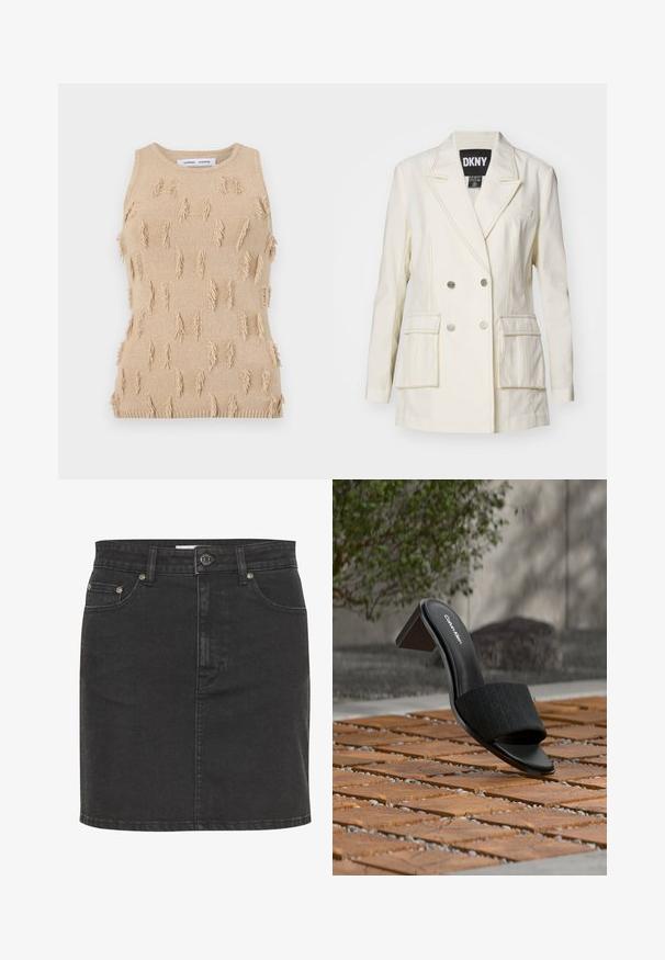 Cremefarvet dobbeltradet blazer med to forlommer, sølvknapper, klapkrave og kontrastsyede detaljer.; Beige ærmeløs strikket top med tekstureret design, spredte frynseaccents samt ribstrikket halsudskæring og kant.; Sort denim nederdel med en tætsiddende facon, der har forlommer, knaplukning og subtile syninger. Glat tekstur med en let glans.; Sort åben tå mule fra Calvin Klein med blokhæl på trægulv, udendørs omgivelser med sløret grønt og betonbaggrund.