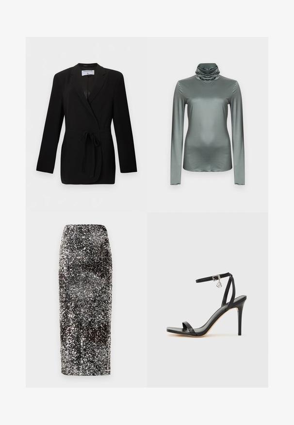 Blazer noir cintré avec ceinture à la taille, revers à cran, manches longues et poches passepoilées à l'avant, étiqueté Filippa K.; Haut à manches longues avec col roulé, de couleur verte douce, présentant une texture douce et lisse ainsi qu'un col bénitier drapé.; Jupe crayon à sequins avec un design élégant et ajusté. Présente des sequins noirs et argentés qui créent un effet scintillant.; Sandale à talon haut noire avec une bride étroite à la cheville, bout carré, cuir lisse et accent de boucle métallique.