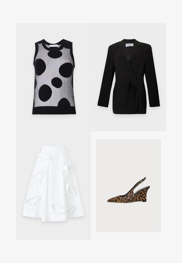 Blazer noir cintré avec ceinture à la taille, revers à cran, manches longues et poches passepoilées à l'avant, étiqueté Filippa K.; Haut en tricot sans manches noir et gris avec de grands pois noirs sur un fond gris clair. Encolure et ourlet côtelés.; Jupe en A blanche en coton, dotée de découpes surdimensionnées et d'une texture lisse. Comprend une taille structurée.; Chaussure à talon compensé motif léopard, bout pointu, doublure intérieure noire et bride de cheville réglable, présentée sur fond blanc uni.