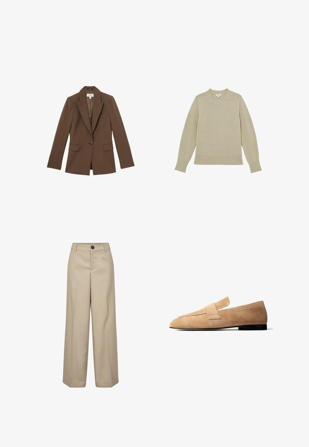 Reiss GABI TAILORED SINGLE BREASTED - Blazer - mink neutral; Beige strikketrøje med rund hals, ribkant forneden og ved ærmerne. Let tekstureret stof med quiltede detaljer langs ærmerne.; Beige højtaljede bukser med brede ben, en enkelt frontknap, bæltestropper og pressede folder. Glat tekstur og skræddersyet silhuet.; Lysebrun ruskindsløs loafer med en lav sort hæl og en bred remdetalje tværs over toppen, vist i sideprofil på hvid baggrund.