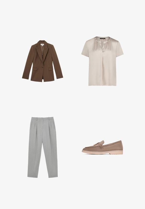 Reiss GABI TAILORED SINGLE BREASTED - Blazer - mink neutral; Beige, kortærmet satinbluse med rynket halsudskæring, V-udskæring foran og løs pasform, mærket "Betty Barclay" på kraveetiketten.; Lysegrå skræddersyede bukser med forlommer, sidelommer med slidser, bæltestropper og straight-fit ben.; Brune læder loafer med en glat tekstur, der har et dekorativt bånd og guldfarvet hardware, hviler på en lys beige gummisål.