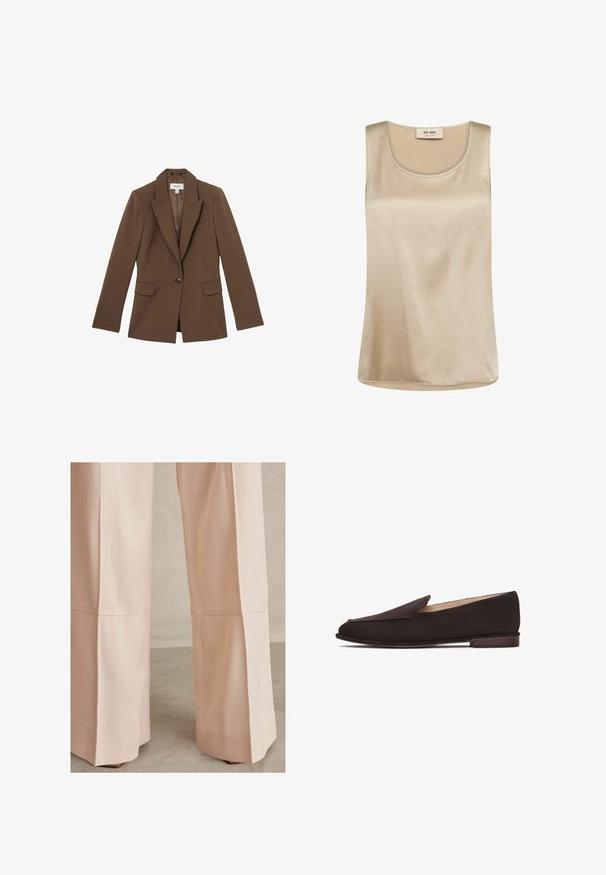 Reiss GABI TAILORED SINGLE BREASTED - Blazer - mink neutral; Ærmeløs beige satin top med rund halsudskæring og Mos Mosh mærkat inde i kraven.; Lyserøde, vide bukser i et struktureret stof med sømdetaljer og en ren afslutning i kanten. Velegnede til både afslappet og formelt brug.; Sorte loafers med en glat stofoverdel, spids tå og lavt træhæl. Har et enkelt slip-on design uden synligt udstyr eller pynt.