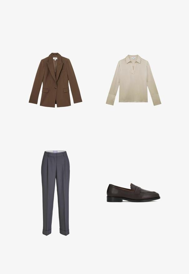 Reiss GABI TAILORED SINGLE BREASTED - Blazer - mink neutral; Beige Bluse mit langen Ärmeln, einem V-Ausschnitt und Knopfmanschetten, präsentiert auf weißem Hintergrund.; Dunkelgraue Tailor-Hosen mit geradem Bein, gefalteter Vorderseite und umgeschlagenen Säumen. Hergestellt aus glattem Stoff und mit einem klassischen Bund versehen.; Braune Leder-Loafer mit glatter Oberfläche, rund zulaufender Spitze und dekorativem Vorderteil. Robuste Sohle und dezente Absatzhöhe.