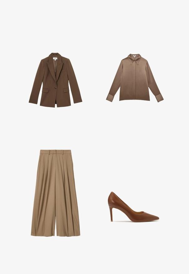 Reiss GABI TAILORED SINGLE BREASTED - Blazer - mink neutral; Brun satinbluse med lange ærmer, bred spids krave og skjulte knapper foran, vist fladt mod en hvid baggrund.; Beige bukser med vide ben, for-plitter, bæltestropper og sidelommer mod en hvid baggrund.; Brun læder højhælede pumps med spidse tæer, der har en glat tekstur og en slank silhuet, der måler cirka 3 tommer i højden.