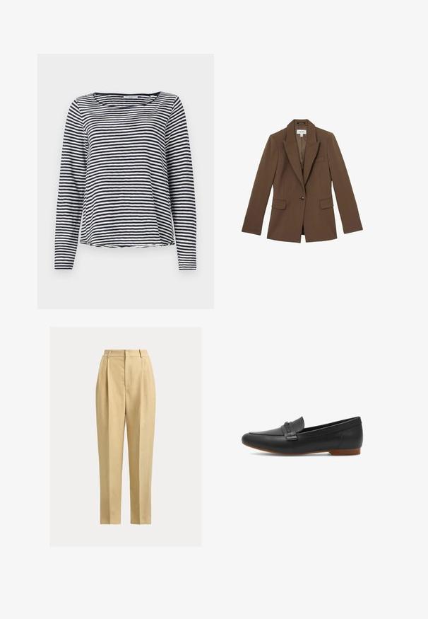 Reiss GABI TAILORED SINGLE BREASTED - Blazer - mink neutral; Camiseta de manga larga en rayas azul marino y blanca, con cuello redondo y un ajuste relajado. Confeccionada en una tela ligera y texturizada.; Pantalones beige de talle alto hechos de una tela ligera. Presentan un frente plisado y un diseño de pierna recta. Sin bolsillos ni adornos.; Mocasines de cuero negro con punta redondeada, costuras sutiles y un acento metálico en la parte superior. Suela plana con una suela de goma marrón.