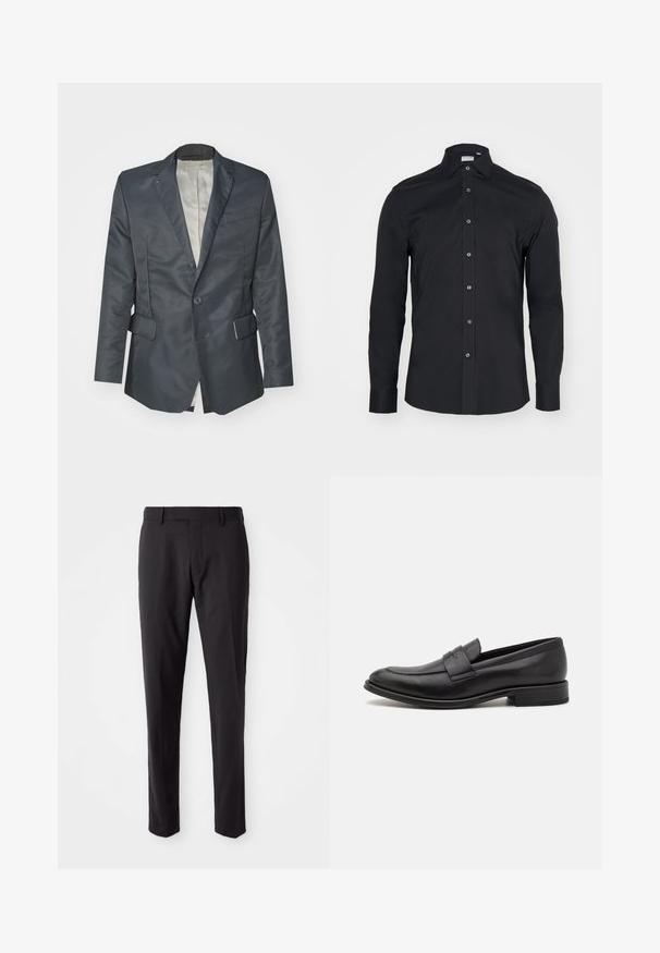 Donkergrijze blazer met een satijnen afwerking, eenknops sluiting, twee voorkantzakken en een lichtgekleurde binnenvoering.; Zwarte langemouwen knoop-shirt met een klassieke kraag. Gemaakt van gladde stof, met knopen aan de voorkant en ronde manchetten.; Zwarte op maat gemaakte broeken met een platte voorkant, slim fit, riemlussen en een soepele textuur. Geschikt voor formele of zakelijke kleding.; Zwarte leren loafers met een gladde afwerking, een decoratieve band over de bovenkant, een ronde neus en een lage gestapelde hak.