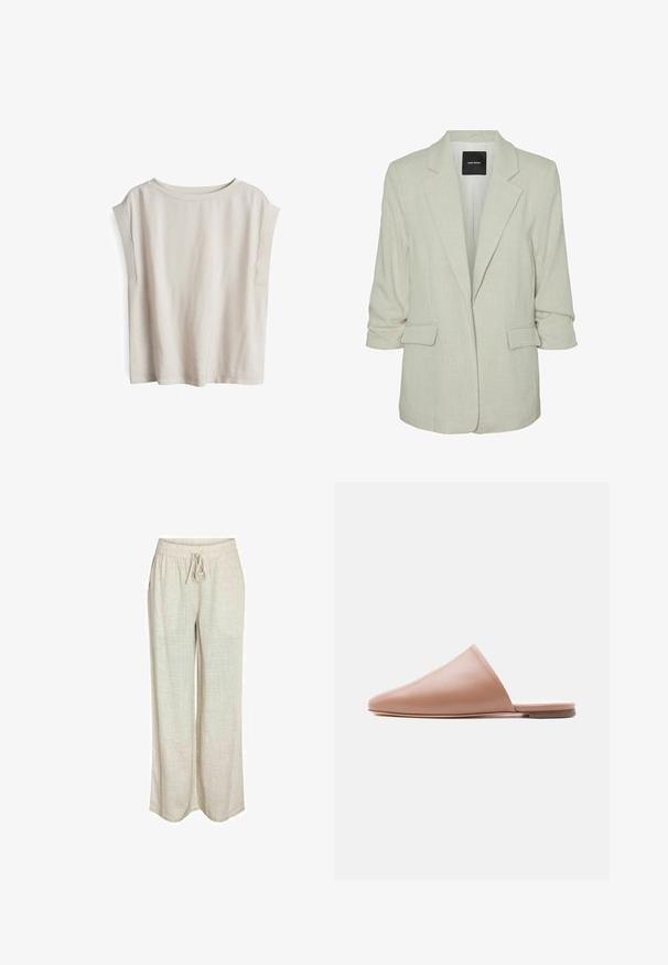 Beige strukturierter Blazer mit Reverskragen, dreiviertellangen aufgerollten Ärmeln, zwei vorderen Taschen und strukturiertem Gewebe. Schwarzes innenliegendes Etikett sichtbar.; Kurzärmliges, hellbeiges Oberteil aus weichem Stoff, mit weitem Ausschnitt und herabgesetzten Schulternähten, in lässiger Passform und minimalistischem Design.; Noisy May Loose Fit - Stoffhose - natural; Beige Leder-Mule ohne Ferse mit spitzer Spitze und flacher Sohle, im Seitenprofil vor hellem, einfarbigem Hintergrund dargestellt.