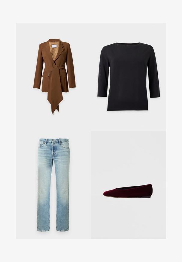 Brauner, maßgeschneiderter Blazer mit langen Ärmeln, breiten Revers, Fronttaschen und einem langen, passenden Stoffgürtel, der in der Taille gebunden ist.; Schwarzes Langarmshirt mit rundem Halsausschnitt und einfachem, tailliertem Design auf weißem Hintergrund.; Hellblaue Jeans mit geradem Bein, traditionellem Fünf-Taschen-Design und Knopfverschluss an der Taille.; Bordeauxrote Ballettschuhe aus Samt mit abgerundeter Spitze und niedrigem Absatz, mit glatter Textur und elegantem Design.