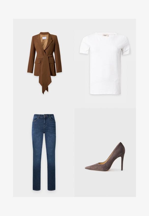 Blazer marron sur mesure avec manches longues, larges revers, poches avant et une longue ceinture en tissu assorti nouée à la taille.; T-shirt blanc uni à manches courtes avec un col rond, présenté sur un fond gris clair.; Jean skinny bleu foncé taille haute avec fermeture à boutons et zip à l'avant, poches avant et détails subtils délavés.; Escarpin en daim gris à talon haut avec un bout pointu et une silhouette épurée. Présente une finition lisse et un talon étroit pour un look moderne.