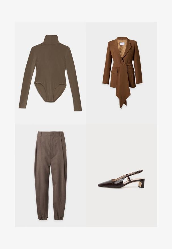 Brun skræddersyet blazer med lange ærmer, brede slag, forlommer og et langt matchende stofbælte bundet i taljen.; Langærmet bodysuit i mørkebrunt stof, med høj krave, glat tekstur og scoop-back design med en tætsiddende pasform.; Brune skræddersyede bukser med plisseringer, bæltestropper og elastiske manchetter, vist mod en hvid baggrund.; Mørkebrune slingback sko i krokodillelæder med spids tå, lav blokhæl og justerbar rem med guldfarvet spænde.