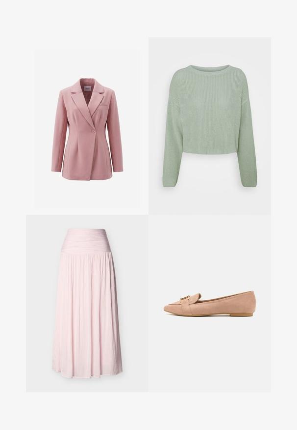 Lyserød damesblazer med enkelt knaplukning, notched revers, lange ærmer og brystlomme.; Lysegrøn strikket sweater med lange ærmer og rund hals, vist på en ensfarvet hvid baggrund.; Maxi-nederdel i lyserød med høj talje, rynket taljebånd og flydende, plisseret stof, der går helt ned til gulvet.; Lyserøde ruskindsflade sko med spids tå, der har en fold-over detalje og guldspænde. Lav, flad sål. Glat tekstur.