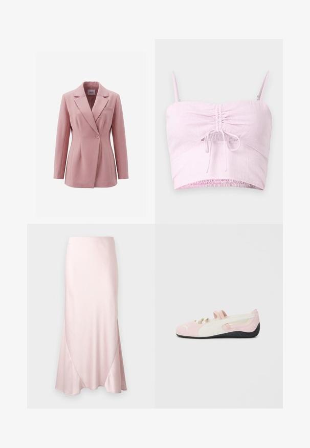 Lichtroze damesblazer met een enkele knoopsluiting, notched revers, lange mouwen en een borstbieszak.; Lichtroze cropped top met verstelbare spaghettibandjes, gerimpeld voorpand en elastische zoom. De textuur van de stof voegt zachtheid toe.; Lichtroze satijnen midi-rok met een A-lijn silhouet en subtiele diagonale naaddetails op een effen achtergrond.; Roze suede instapper met witte accenten, rubberen zool en elastische bandjes. Kenmerkt zich door een gestructureerd ontwerp en een klein logo aan de voorkant.