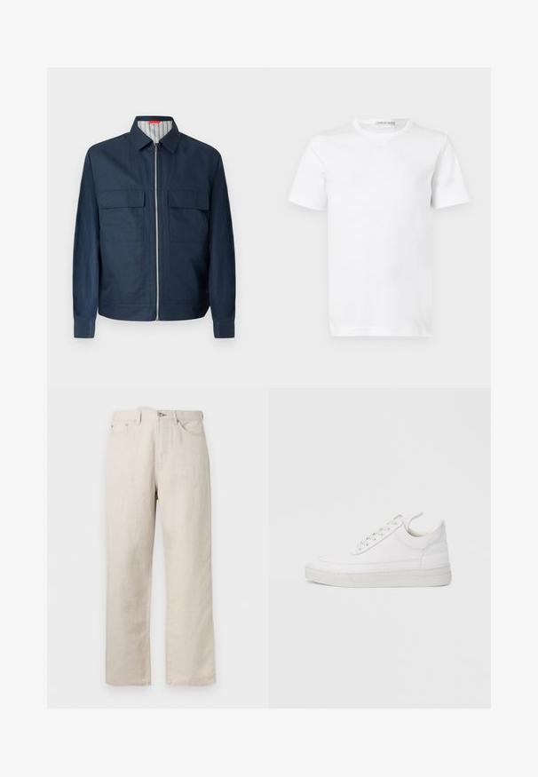 Veste zippée bleu marine avec col chemise, deux poches avant à rabat, manches longues et doublure intérieure rayée visible au niveau du col.; T-shirt blanc uni à manches courtes et col rond, avec une étiquette "Tiger of Sweden" à l'intérieur du col, présenté sur un fond blanc.; Jean beige à jambes droites avec cinq poches, passants pour ceinture, fermeture avant par bouton et zip.; Baskets en cuir blanc avec un embout arrondi, une semelle plate et un laçage à l'avant. Présentent des détails de couture et un col rembourré pour plus de confort.