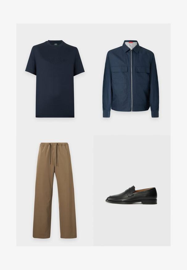 Veste zippée bleu marine avec col chemise, deux poches avant à rabat, manches longues et doublure intérieure rayée visible au niveau du col.; T-shirt en coton bleu marine à manches courtes, avec un logo ailé Aston Martin texturé sur le devant. Col rond classique, coupe décontractée.; Pantalon marron à coupe droite avec taille élastique et cordons noirs, présenté sur un fond clair uni.; Mocassin en cuir noir avec un bout arrondi, des coutures subtiles et un talon bas, présentant une texture lisse et un design minimaliste.