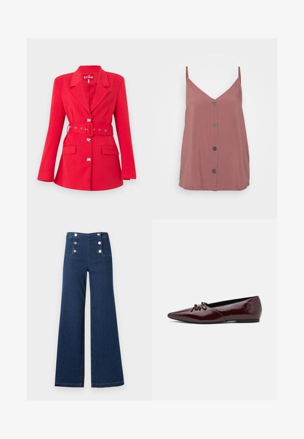 Blazer rouge sur mesure avec larges revers, fermetures à crochets argentées, poches à rabat et ceinture assortie avec boucle rectangulaire.; Camisole rose, avec un décolleté en V, des fines bretelles et une fermeture à boutons sur le devant avec cinq boutons ronds sombres. Texture lisse.; Jean large taille haute bleu foncé avec six boutons argentés disposés en deux rangées verticales sur la ceinture avant.; Ballerines en cuir laqué bordeaux avec un bout pointu et un nœud décoratif à l'avant. Texture lisse avec un petit talon plat.