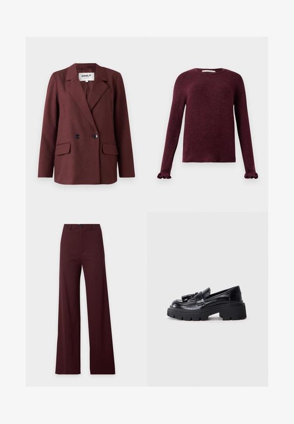 Bordeaux dobbeltbrystet blazer med notch-lapel, to frontlommer og sorte knapper. Glat tekstur, klassisk skræddersyet design.; Langærmet burgunder striktrøje med flæsemanchetter og rund halsudskæring på en ensfarvet baggrund.; Mørk bordeaux bredbenede bukser med høj talje, bæltestropper, frontknap og lynlås.; Sorte læder loafers med en klumpet, bølget sål, der har en dekorativ kvast på forsiden og en glat, blank overflade.