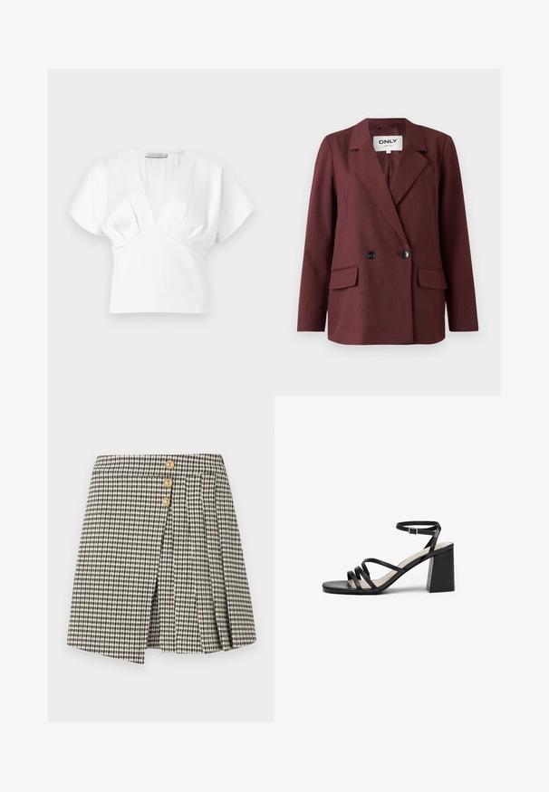 Blazer bordeaux à double boutonnage avec revers en pointe, deux poches avant et boutons noirs. Texture lisse, design classique et ajusté.; Haut blanc à manches courtes avec un décolleté en V et un design plissé. Fabriqué en tissu lisse, il présente une coupe structurée et un style minimaliste.; Jupe à carreaux noire et blanche avec trois boutons dorés, présentant un design plissé et une fente à l'avant. Texture de tissu doux.; Sandales à talons noirs avec plusieurs fines lanières, bout carré et talon bloc, dotées d'une sangle ajustable à la cheville. Texture en cuir lisse.