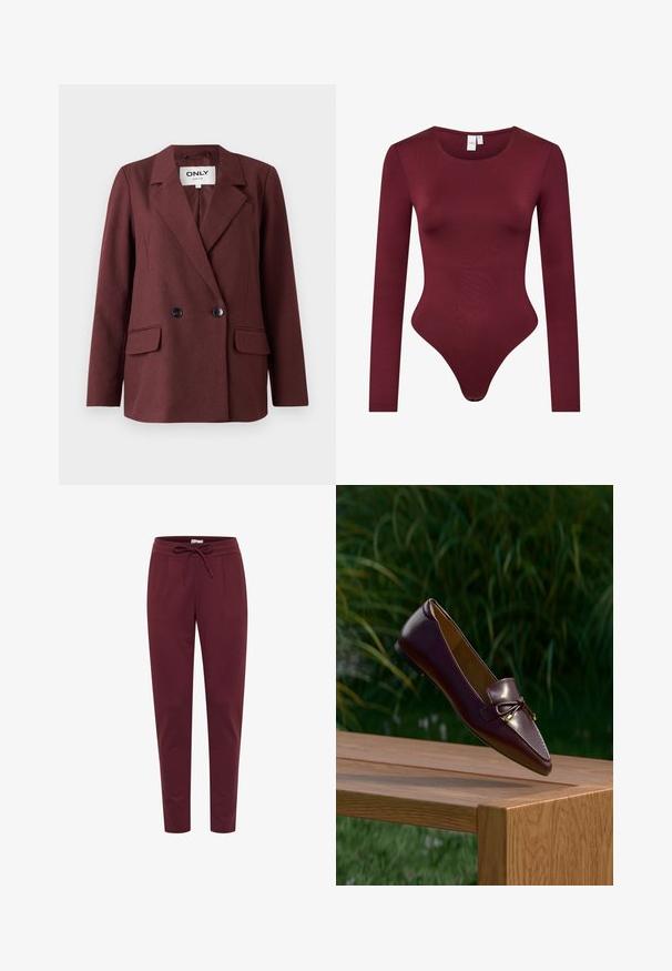 Burgundia topelt eest kinnitatav bleiser krae ja kahe eesmise taskuga, mustade nööbidega. Sile tekstuur, klassikaline kohandatud disain.; Burgundi pikkade varrukatega bodi, mis on valmistatud siledast ja venivast kangast; omab ümarat kaelust ja stringipaunaga tagumist osa, millel on klõpsuga sulgemine.; Burgundi värvi püksid, mis on valmistatud pehmest ja elastsetest materjalidest. Neil on tõmblukkude talje, ees pleatid ja kitsenevad sääred. Ühtlane sile tekstuur.; Pruun nahast loafer lipsukujundusega, mis hõljub puidust pingi kohal, taustal udused rohelised lehed.