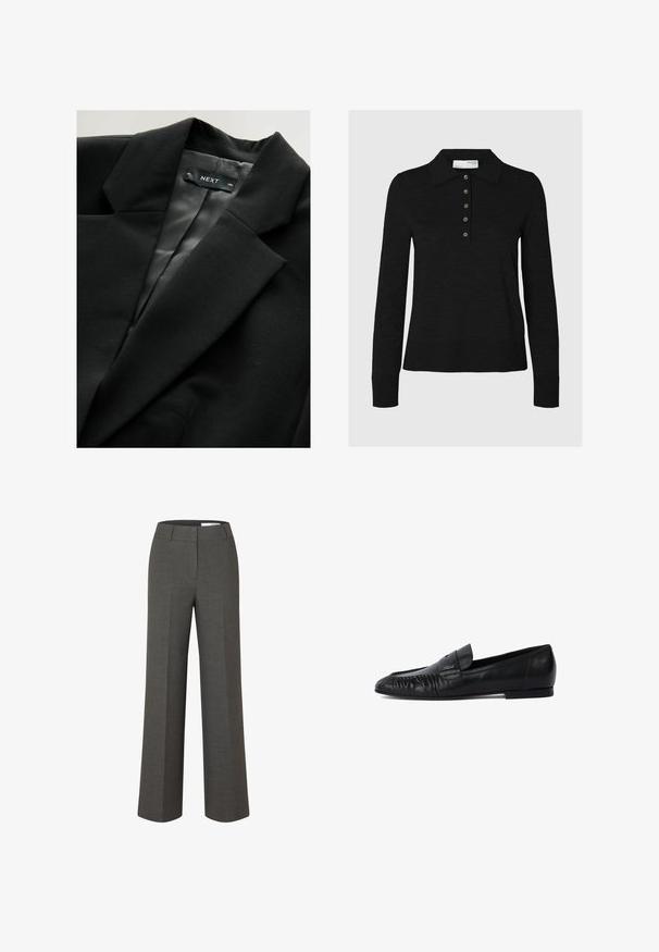 Sorte blazer med en glat, mat overflade, der har en klippet krave og satinfor. Mærket inde i kraven siger "NEXT".; Sort langærmet polo-shirt lavet af blødt stof med krave og seks knaplukninger. Kanter er pænt afsluttet.; Mørkegrå skræddersyede bukser med vide ben, frontbirl og taljebånd med bæltestropper på hvid baggrund.; Sorte læder loafers med rund tå, syet detaljering på forsiden og flad sål. Minimalistisk design med en diskret logoaccent.