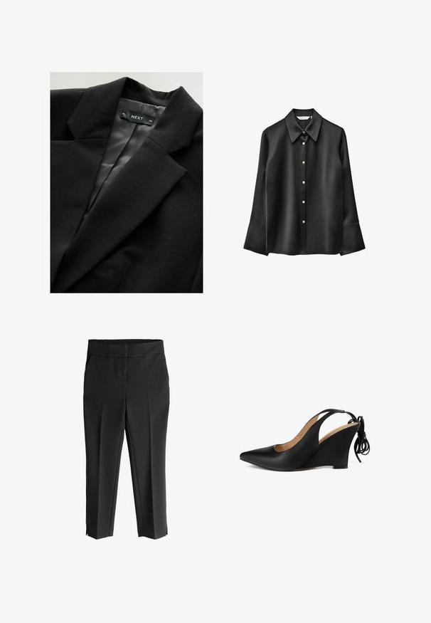 Sorte blazer med en glat, mat overflade, der har en klippet krave og satinfor. Mærket inde i kraven siger "NEXT".; Sort satinbluse med lange ærmer, spids krave, knapper foran og udvidede manchetter. Har en diskret glans og runde knapper.; Sorte skræddersyede bukser med en glat tekstur, der har en bred talje, to sidelommer og slids ved kanten for et moderne udtryk.; Sorte læder slingback kilehæle med spids tå, åbne sider og en snøre detalje ved hælen; tekstureret overflade og let buet kile.
