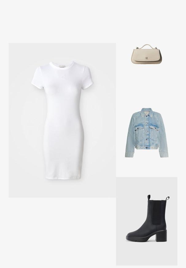 Lyseblå denimjakke med knaplukning, to brystlommer med klap og en krave, med Calvin Klein-logo på bundkanten.; Hvid bomulds kjole med korte ærmer, tætsiddende facon og rund halsudskæring. Har et lille broderet logo på brystet.; Sorte ankelstøvler i glat gummimateriale, med elastiske sidepaneler, blokhæle og trækskilt øverst for nem påtagning.; Lille beige læderhåndtaske med top håndtag og sølv CK-logo på frontklap, vist mod en hvid baggrund.