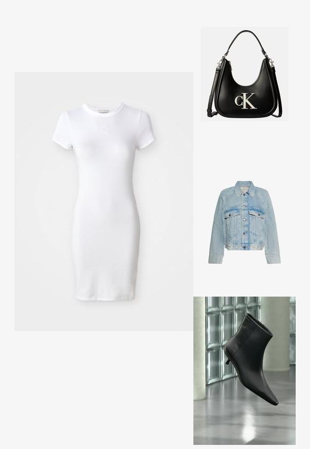 Lichtblauwe spijkerjasje met knoopsluiting, twee klepzakken op de borst en een kraag, met Calvin Klein-logo op de onderste zoomband.; Witte katoenen jurk met korte mouwen, aansluitende pasvorm en een ronde halslijn. Voorzien van een klein geborduurd logo op de borst.; Zwarte leren enkellaars met spits toelopende neus en lage kittenhak, schuin weergegeven tegen een gepolijste vloer en een glazen blokken muur als achtergrond.; Zwarte leren handtas met zilveren "cK" logo aan de voorkant, met korte handgreep en langere verstelbare schouderriem.