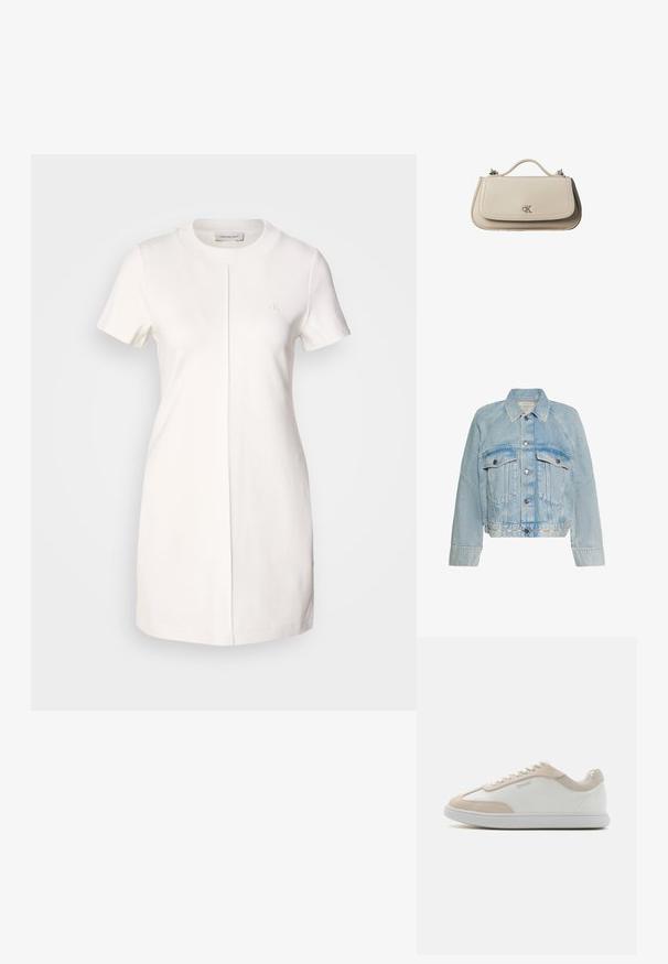 Lyseblå denimjakke med knaplukning, to brystlommer med klap og en krave, med Calvin Klein-logo på bundkanten.; Calvin Klein Jeans MILANO T SHIRT DRESS - Jerseykjole - tofu; Hvide lædersneakers med beige ruskindsdetaljer og hvide snøringer. Har en rund tå og en polstret sål for komfort.; Lille beige læderhåndtaske med top håndtag og sølv CK-logo på frontklap, vist mod en hvid baggrund.