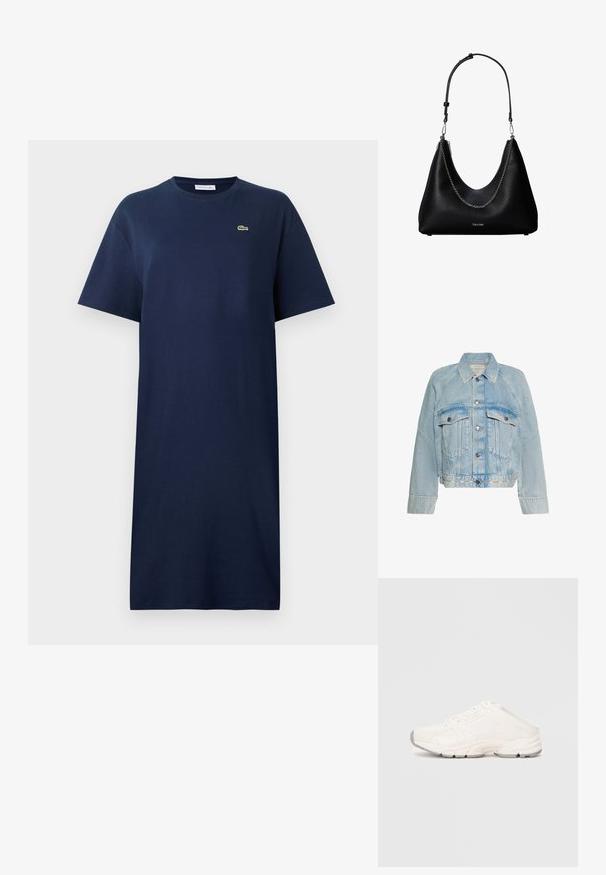 Svetlomodrá rifľová bunda so zapínaním na gombíky, dvoma náprsnými vreckami s chlopňou a golierom, s logom Calvin Klein na spodnom leme.; Námornícky modrá bavlnená šaty s krátkymi rukávmi, okrúhlym výstrihom a malým zeleným logom na hrudi. Priamy strih, po kolená.; Biele športové topánky s predsádkou z otvorenej sieťoviny a syntetického materiálu, zaoblenou špičkou, zakrivenou podrážkou a textúrovanými akcentmi. Šnúrky sú skryté pod športovým prekrytím.; Čierna kožená kabelka so strieborným reťazovým detailom a nastaviteľným ramenným popruhom, s logom Calvin Klein na prednej strane.