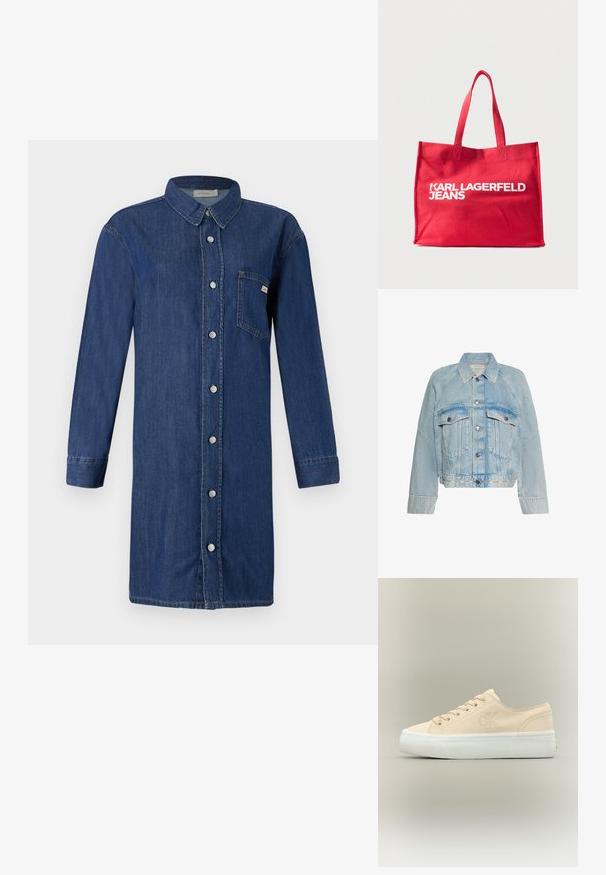 Vaaleansininen denimtakki, jossa napit, kaksi läppätaskua rinnalla ja kaulus, Calvin Kleinin logo alareunan nauhassa.; Tummansininen farkkumekko, jossa on napitettava etuosa, pitkät hihat, kaulus ja rintatasku. Sujuva pinta ja klassinen istuvuus.; Beigenvärinen kankainen matala tennari, jossa valkoinen paksu kumipohja ja hillitty "CK"-logo sivussa.; Punainen kangaskassi, jossa on kahdet kahvat ja edessä paksu valkoinen teksti "KARL LAGERFELD JEANS" yksiväristä taustaa vasten.