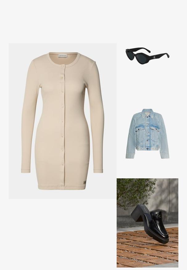 Svetlomodrá rifľová bunda so zapínaním na gombíky, dvoma náprsnými vreckami s chlopňou a golierom, s logom Calvin Klein na spodnom leme.; Beige pruhovaný pletený kardigán s dlhými rukávmi, zaobleným výstrihom a predným gombíkovým zapínaním. Má malé logo na leme.; Čierne kožené šľapky Calvin Klein s blokovým podpätkom, ktoré oddychujú na drevených dlaždiciach vonku blízko zelenej rastliny a šedej steny.; Čierne slnečné okuliare v štýle mačacích očí s lesklým povrchom, tmavými sklami a logom "cK" na spánku. Ostrý dizajn a hrubé rámy.