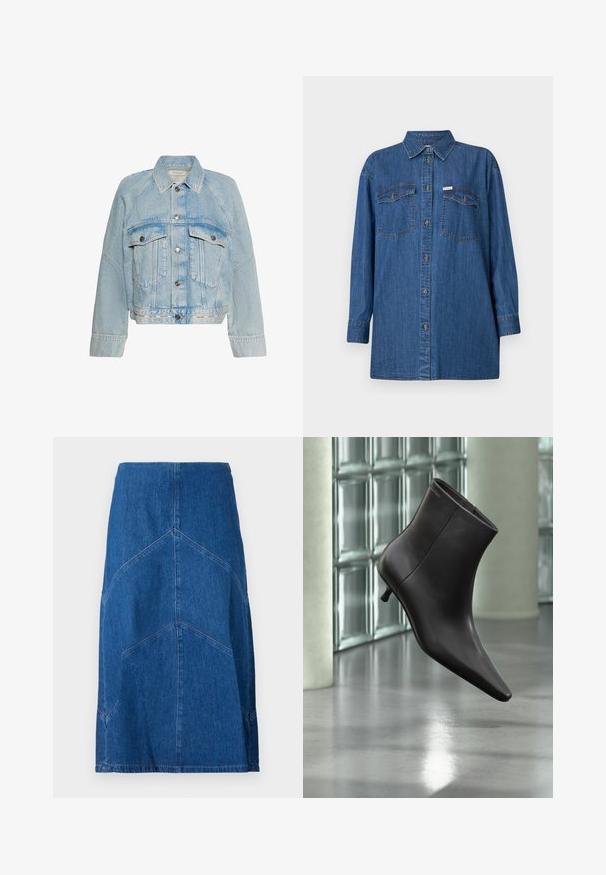 Svetlomodrá rifľová bunda so zapínaním na gombíky, dvoma náprsnými vreckami s chlopňou a golierom, s logom Calvin Klein na spodnom leme.; Džínová košeľa, dlhé rukávy, svetlo modrá, dve náprsné vrecká, zapínanie na gombíky, klasický golier, textúrovaná tkanina, voľný strih.; Džínsová ceruzková sukňa v tmavo modrej farbe s vertikálnym švom a rovnou siluetou. Obsahuje pás a surový lem.; Čierna kožená členková obuv s ostrou špičkou a nízkym podpätkom, zobrazená na pozadí steny zo sklenených blokov a leštenej podlahy.