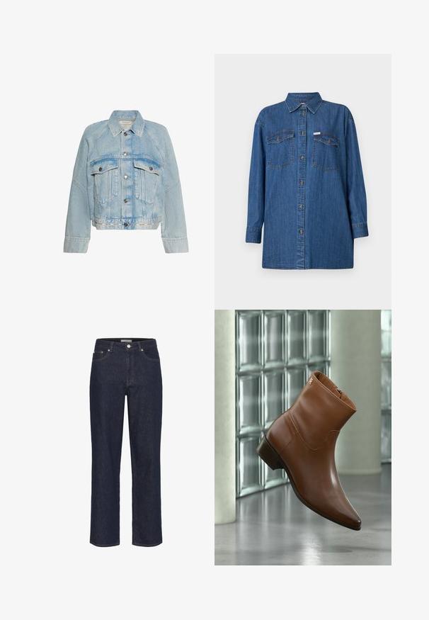 Svetlomodrá rifľová bunda so zapínaním na gombíky, dvoma náprsnými vreckami s chlopňou a golierom, s logom Calvin Klein na spodnom leme.; Džínová košeľa, dlhé rukávy, svetlo modrá, dve náprsné vrecká, zapínanie na gombíky, klasický golier, textúrovaná tkanina, voľný strih.; Gestuz SUMMER WIDE - Široké nohavice - unwashed denim; Hnedá kožená členková obuv s nízkym podpätkom a bočným zipsom, zobrazená na pozadí sklenných blokov a hladkého povrchu podlahy.