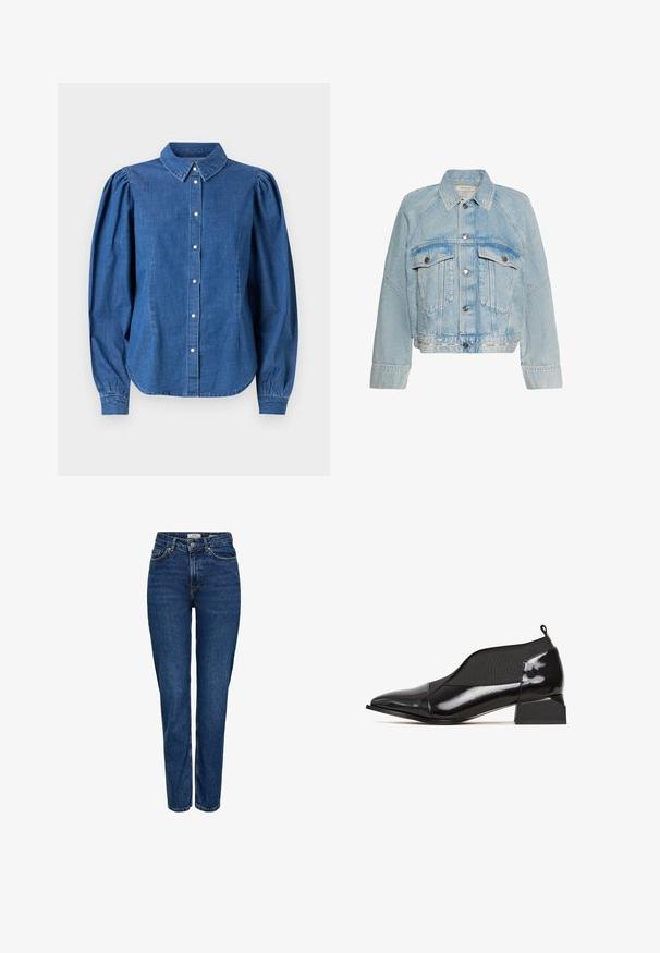 Lyseblå denimjakke med knaplukning, to brystlommer med klap og en krave, med Calvin Klein-logo på bundkanten.; Denimskjorte i lyseblå farve, med knaplukning foran og skræddersyet krave. Har pufærmer og en buet kant.; Mørkeblå denimjeans med lige ben, høj talje, fem lommer, lyse syninger og en diskret struktureret finish.; Sorte patentlæder sko med spids tå, elastiske sidepaneler og blokhæl. Glat overflade med minimal hardware.