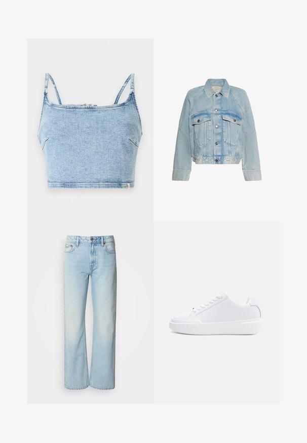 Chaqueta vaquera azul claro con cierre de botones, dos bolsillos de solapa en el pecho y cuello, con el logo de Calvin Klein en la tira del dobladillo inferior.; Top corto de mezclilla azul claro con tirantes finos ajustables, cuenta con un cierre de cremallera frontal y una textura suave, diseñado para un ajuste ceñido.; Vaqueros de pierna ancha azul claro confeccionados en denim, con un diseño clásico de cinco bolsillos y una sutil textura deslavada. La costura del denim es visible.; Zapatilla blanca de corte bajo con cierre de cordones, suela gruesa y parte superior lisa, mostrada desde el lado exterior sobre un fondo claro y sencillo.