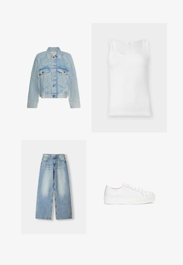 Lichtblauwe spijkerjasje met knoopsluiting, twee klepzakken op de borst en een kraag, met Calvin Klein-logo op de onderste zoomband.; Witte geribbelde tanktop met een rechthoekige halslijn en brede schouderbanden. De stof heeft een gestructureerde, stretchachtige uitstraling.; Lichtblauwe denim wijde jeans met een hoge taille, met een vervaagde afwerking, vijf zakken en een rechte cut.; Witte leren sneaker met een glad oppervlak, ronde neus en platte zool. Voorzien van vetersluiting en subtiele stiksels.