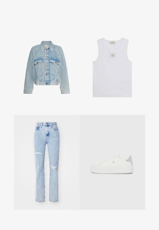 Svetlomodrá rifľová bunda so zapínaním na gombíky, dvoma náprsnými vreckami s chlopňou a golierom, s logom Calvin Klein na spodnom leme.; Biele tielko bez rukávov s nápisom Calvin Klein Jeans na hrudi a štítkom pri výstrihu na jednofarebnom bielom pozadí.; Svetlomodré vysoké džíny vyrobené z denimu, s dvoma roztrhnutiami na kolenách, rovnými nohavicami a viditeľným stehom na páse a na lemoch.; Biele plátené tenisky s hrubou bielou podrážkou, so strieborným kovovým akcentom na päte a jemným logom na boku.