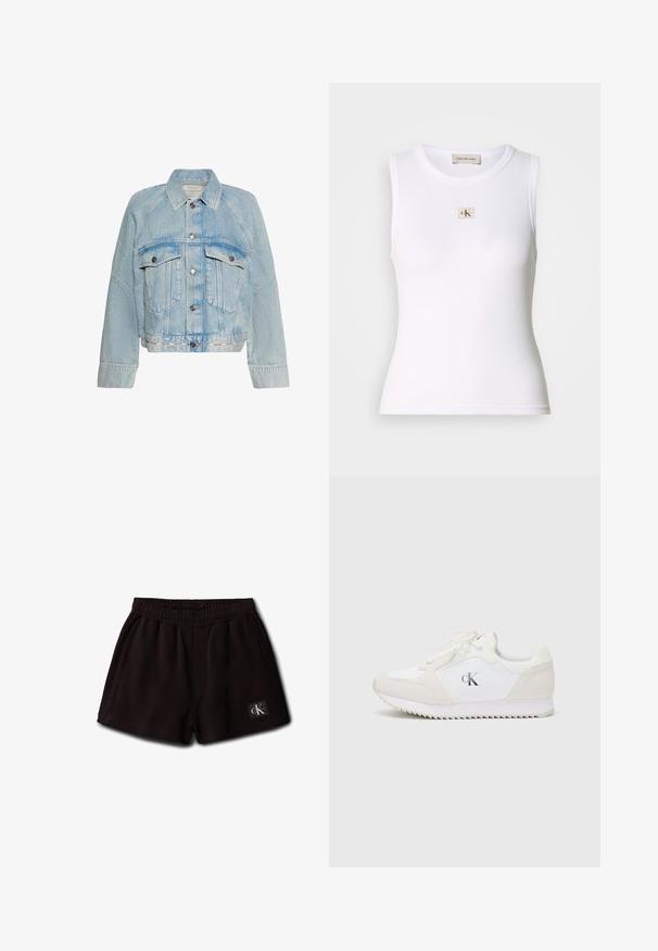 Hele sinine teksajakk nööpidega, kahe klapiga rinna tasku ja kraega, alumisel äärel Calvin Kleini logo.; Valge soonikkoes varrukateta topp, millel on rinnal Calvin Klein Jeans silt ja kaelal sisemine silt.; Mustad elastse vöökohaga lühikesed püksid, küljetaskud ja väike Calvin Kleini logo märk ees alumisel vasakul küljel.; Valge ja beež athletic kummitoss, millel on nöörimise disain, seemisnahast ja kangast pealispind, sooneline kummist tald ning väljatrükitud logo küljel.