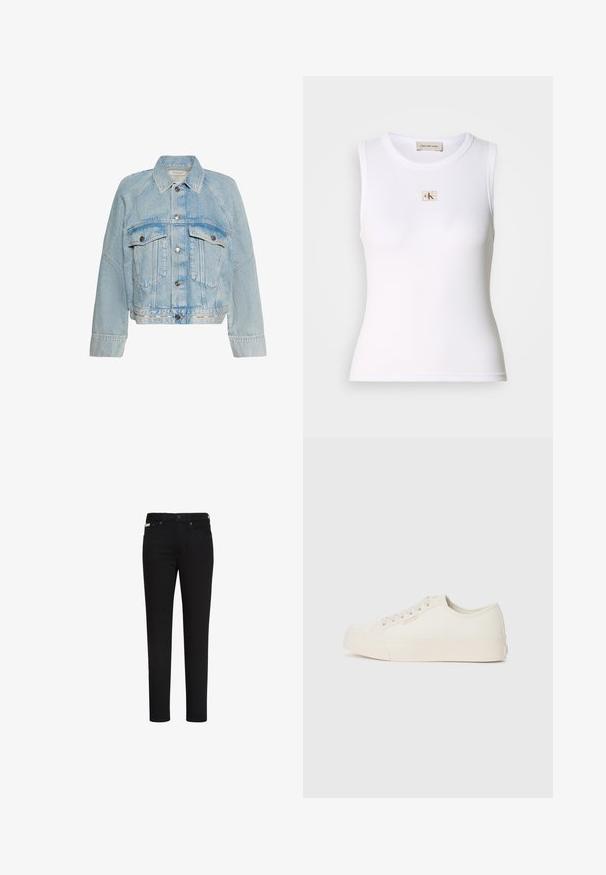 Svetlomodrá rifľová bunda so zapínaním na gombíky, dvoma náprsnými vreckami s chlopňou a golierom, s logom Calvin Klein na spodnom leme.; Biele rebrované tielko bez rukávov s menovkou Calvin Klein Jeans na hrudi a vnútornou menovkou na krku.; Čierne slim fit rifle s predným gombíkom a zipsom, s prednými a zadnými vreckami a malou etiketu na pravom prednom vrecku.; Tenisky vyrobené z off-white plátna, s nízkym strihom, okrúhlou špičkou a plochou gumovou podrážkou so jemným stehom.