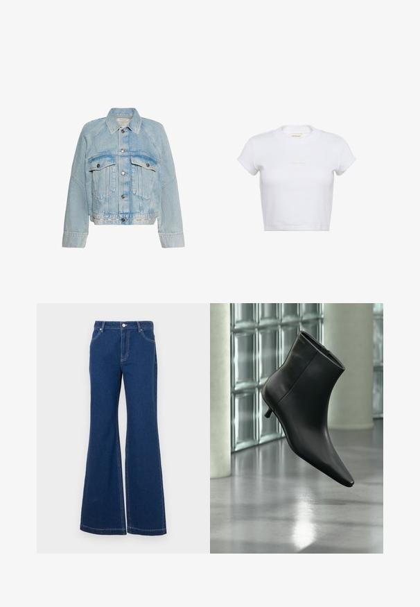 Veste en jean bleu clair avec fermeture à boutons, deux poches poitrine à rabat et un col, avec le logo Calvin Klein sur la bande inférieure de l'ourlet.; T-shirt blanc court à manches courtes avec une texture côtelée. Présente un col rond et un logo "Calvin Klein" discret de couleur claire à l'avant.; Jeans évasés bleu foncé en denim. Les caractéristiques incluent des passants de ceinture, des poches avant et des coutures contrastées. Ouverture de jambe large.; Bottine en cuir noir à bout pointu et petit talon kitten, présentée en angle devant un sol poli et un mur en blocs de verre.
