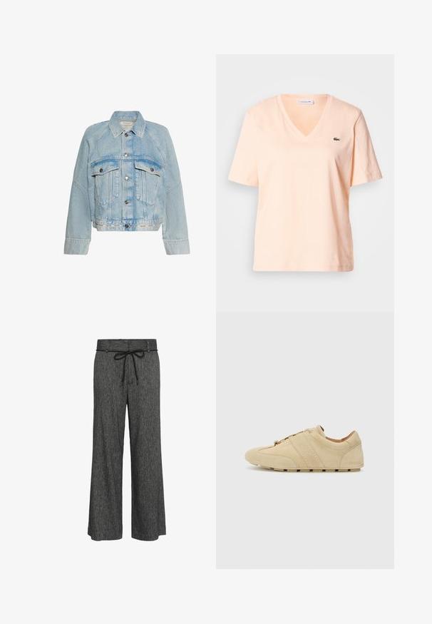Veste en jean bleu clair avec fermeture à boutons, deux poches poitrine à rabat et un col, avec le logo Calvin Klein sur la bande inférieure de l'ourlet.; T-shirt col V couleur pêche pâle en coton, à manches courtes, avec un petit logo vert Lacoste sur le côté gauche de la poitrine.; Pantalons large en tissu gris foncé texturé, dotés d'une taille à cordon de serrage et d'une coupe décontractée, avec des variations subtiles de couleur.; Baskets en suède tan au design minimaliste, bout rond et semelle en caoutchouc. Présente deux bandes verticales et un laçage. Texture lisse.