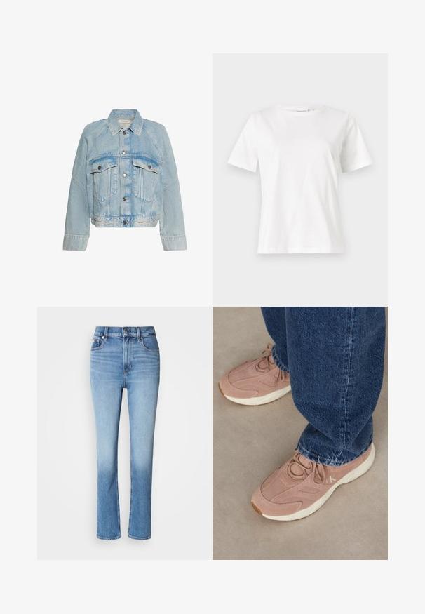 Hellblaue Jeansjacke mit Knopfverschluss, zwei Brusttaschen mit Klappen und einem Kragen, mit Calvin Klein Logo am unteren Saum.; Weißes Baumwoll-T-Shirt mit kurzen Ärmeln, Rundhalsausschnitt und lockerer Passform. Glatte Textur, keine Muster oder Akzente, minimalistisches Design.; Blaue Jeans aus Denim mit hoher Taille, gerader Beinführung, verblasstem Farbverlauf und fünf Taschen. Metallknopf- und Reißverschluss.; Helle pinke Sportschuhe mit einem strukturierten Wildleder-Obermaterial, ausgestattet mit einer weißen Laufsohle und dezentem Branding, kombiniert mit dunkelblauen Denim-Jeans.