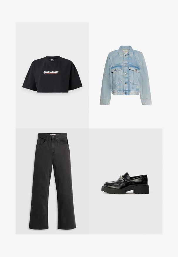 Veste en jean bleu clair avec fermeture à boutons, deux poches poitrine à rabat et un col, avec le logo Calvin Klein sur la bande inférieure de l'ourlet.; T-shirt noir à crop top, manches courtes, en coton. L'avant affiche le logo "Quiksilver Boarding Company" en blanc et rouge.; Jeans larges en denim noir à taille haute, avec cinq poches et une fermeture à bouton en métal. Le tissu a une texture lisse et légèrement décolorée.; Mocassins en cuir noir avec une finition brillante, ornés d'un accent en métal argenté et d'une semelle en caoutchouc épaisse, conçus pour un look moderne.