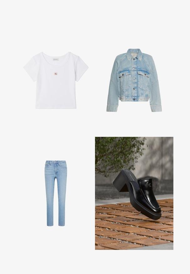 Lyseblå denimjakke med knaplukning, to brystlommer med klap og en krave, med Calvin Klein-logo på bundkanten.; Hvid cropped t-shirt med korte ærmer, rund halsudskæring og lille firkantet Calvin Klein Jeans-logo på midten foran.; Lyseblå slim-fit jeans med fem lommer, knaplukning foran og lynlås, vist mod en hvid baggrund.; Sort læder Calvin Klein slip-on mule med blokhæl, der hviler på trætøj udendørs nær en grøn plante og en grå væg.