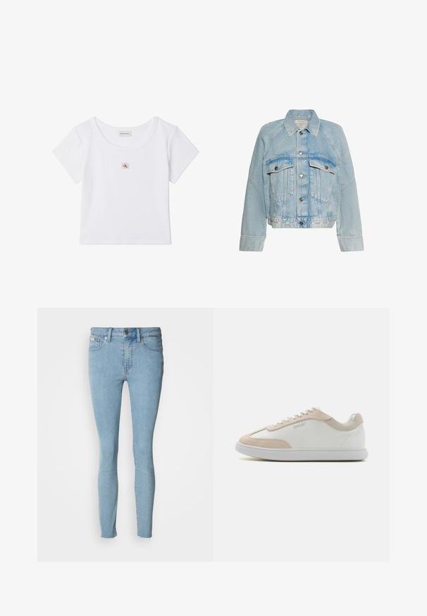 Lyseblå denimjakke med knaplukning, to brystlommer med klap og en krave, med Calvin Klein-logo på bundkanten.; Hvid cropped t-shirt med korte ærmer, rund halsudskæring og lille firkantet Calvin Klein Jeans-logo på midten foran.; Lyseblå skinny jeans lavet af denim. Har høj talje, fem-lomme design og let flæser ved kanten.; Hvide lædersneakers med beige ruskindsdetaljer og hvide snøringer. Har en rund tå og en polstret sål for komfort.