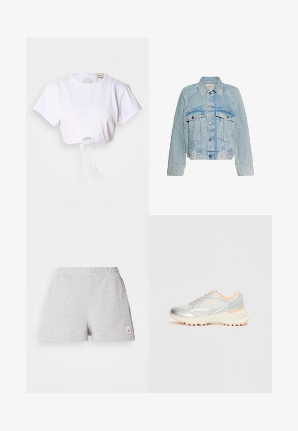 Vaaleansininen denimtakki, jossa napit, kaksi läppätaskua rinnalla ja kaulus, Calvin Kleinin logo alareunan nauhassa.; Valkoinen lyhythihainen t-paita, joka on valmistettu sileästä kankaasta. Siinä on pyöreä kaula-aukko, lyhyet hihat ja alareunassa säädettävä naru.; Harmaat puuvillashortsit, joissa on joustava vyötärö, sivutaskut ja pieni logopatchi helman kohdalla. Pehmeä tekstuuri, rento istuvuus, rento muotoilu.; Hopeakuvioinen ja synteettinen urheilukengät vaaleanpunaisilla yksityiskohdilla, paksu valkoinen pohja ja näkyvä kulutuspinta ulkopohjassa.