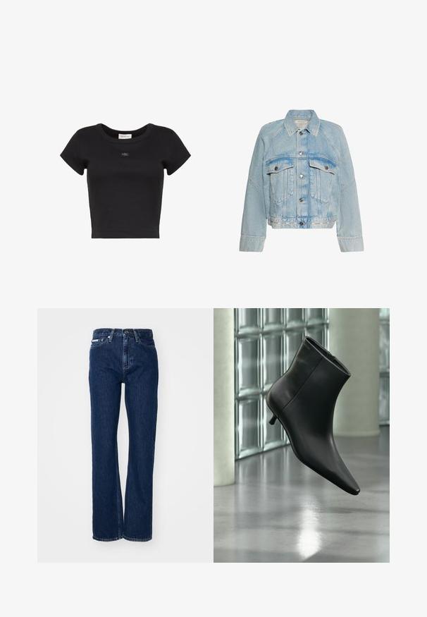 Lyseblå denimjakke med knaplukning, to brystlommer med klap og en krave, med Calvin Klein-logo på bundkanten.; Sort cropped kortærmet ribstrikket T-shirt med rund halsudskæring og lille Calvin Klein-logo patch centreret på brystet.; Mørkeblå denimjeans med lige ben, knaplukning og fem lommer. Stoffet har en let struktur med subtile syninger.; Sort læderankelstøvle med spids tå og lav kitten-hæ, vist vinklet mod en poleret gulv- og glasblokvæg.