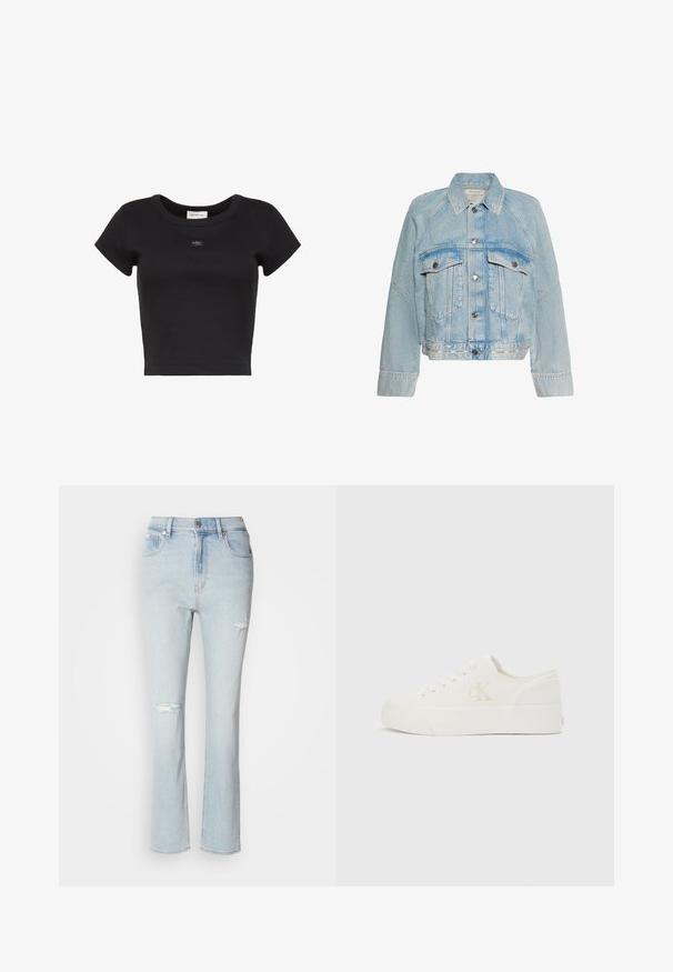 Lyseblå denimjakke med knaplukning, to brystlommer med klap og en krave, med Calvin Klein-logo på bundkanten.; Sort cropped kortærmet ribstrikket T-shirt med rund halsudskæring og lille Calvin Klein-logo patch centreret på brystet.; Lysblå, høj-taljede jeans med lige ben design. Slidte detaljer inkluderer to store huller foran og frynset kant.; Hvid lavt snøresko med tyk sål og "cK"-logo på siden, snørebånd foran og minimalistisk design på neutral baggrund.